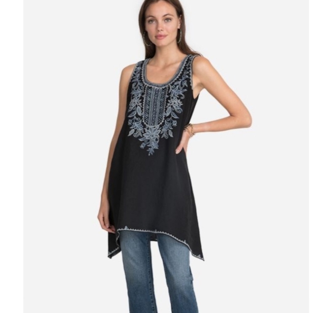 Johnny Was Maize Linen Empire Trapeze tunic top Blue Size Small